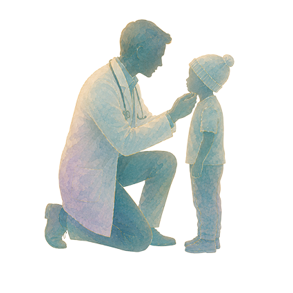 Watercolor silhouette of a doctor kneeling beside a child