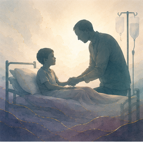 An adult sitting beside a child in a hospital bed